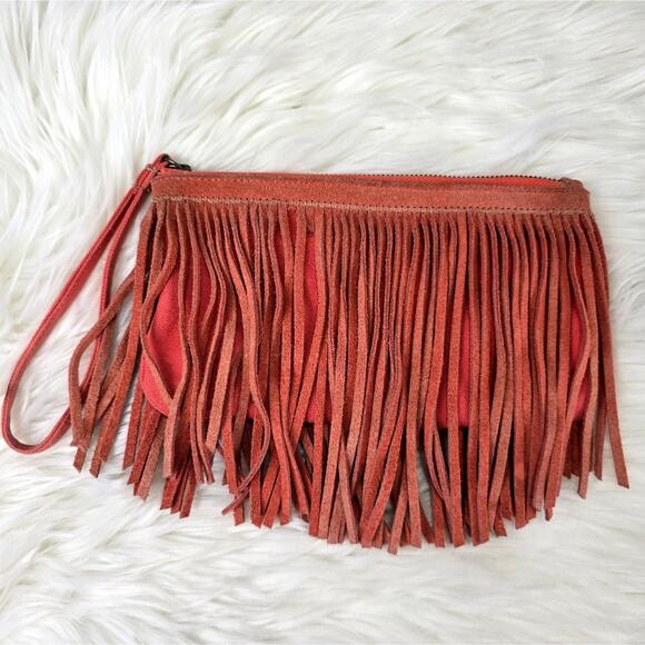 Fringed Coral Suede Wristlet Pouch Purse Western American Eagle AEO Hippie - Picture 2 of 10